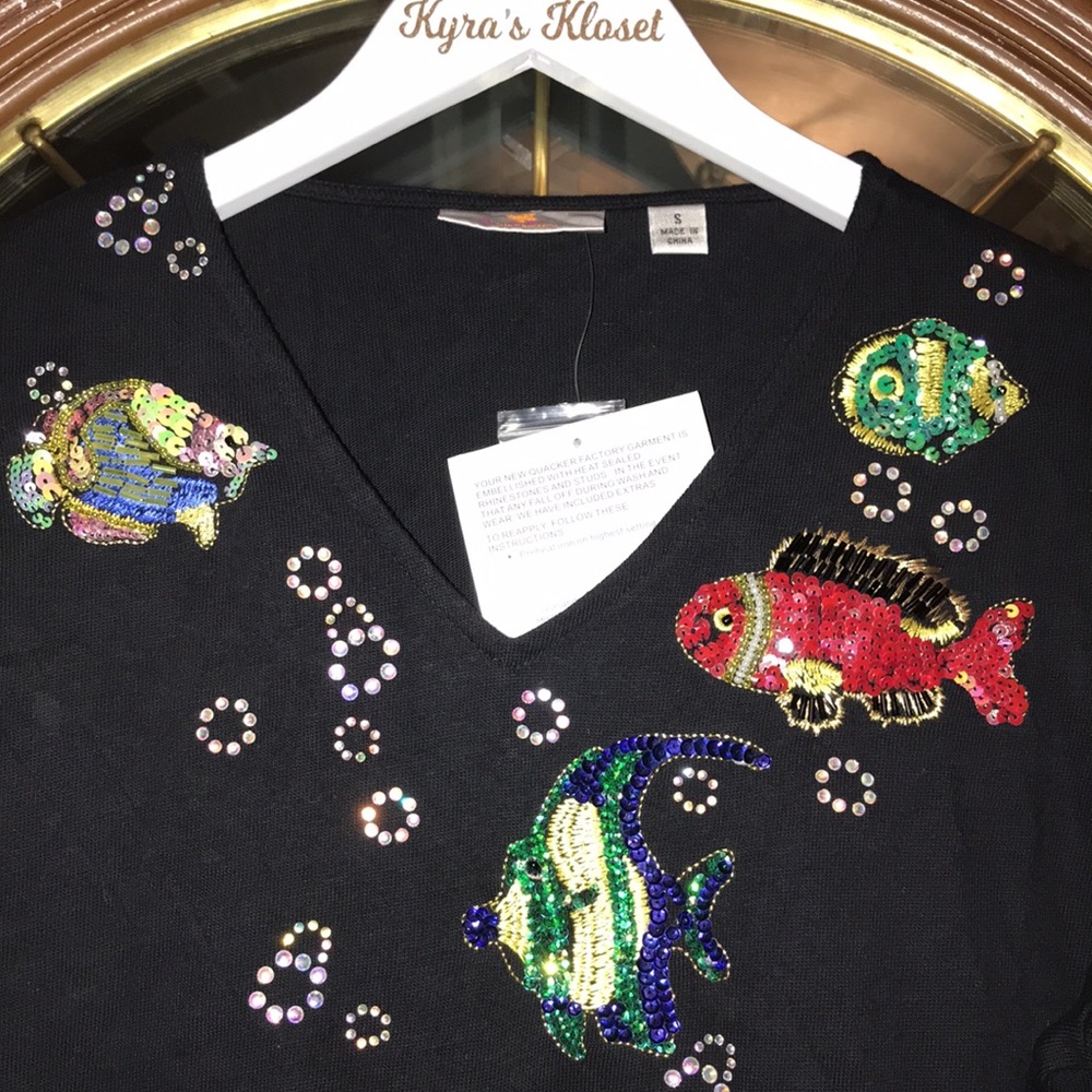 Vintage Quacker Factory Black Hand Beaded Tropical Fish Elbow Sleeve Blouse - Picture 5 of 16